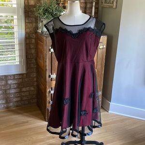 MISSMNY RETRO GORGEOUS CITY PIN UP MAROON BLACK MESH OVERLAY DRESS 3 XL NEW